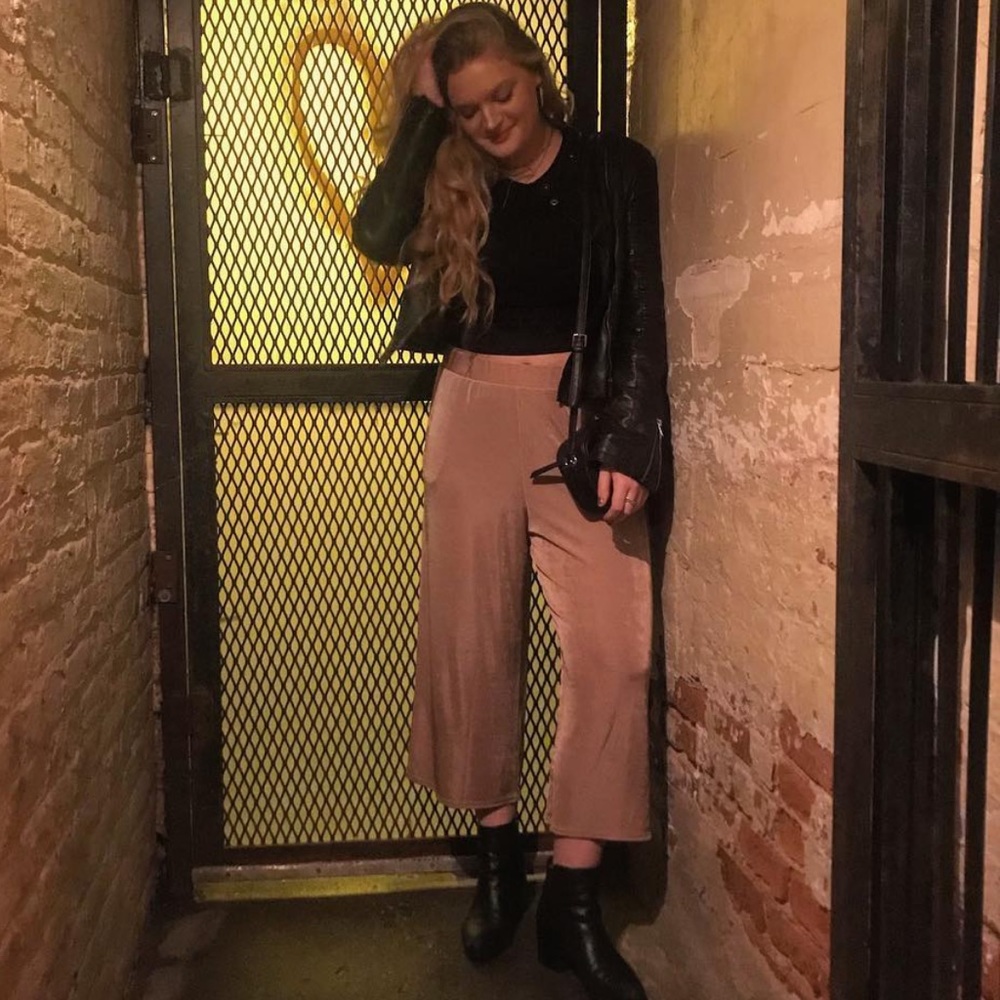 Textured polyester flare pants with metallic finish. Topshop size 10